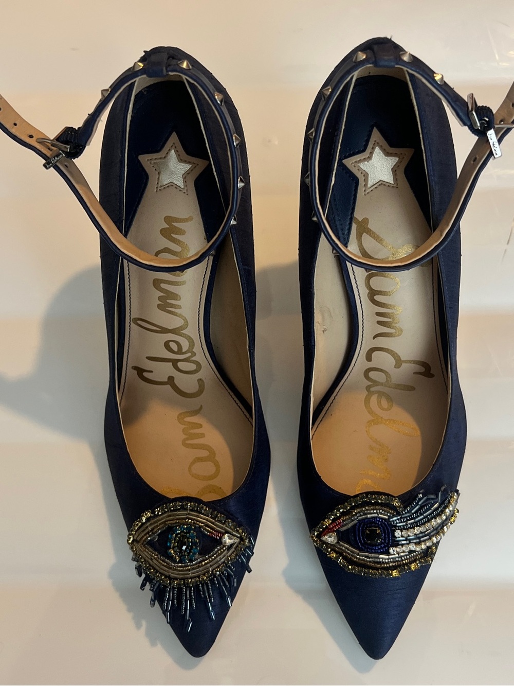 Sam Edelman Navy Pointed-Toe Ankle-Strap Pumps with Beaded Eye Detail